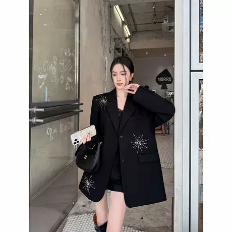 爵莱菲大码胖mm显瘦黑色小众设计感西装外套女2025秋新宽松西服商品大图