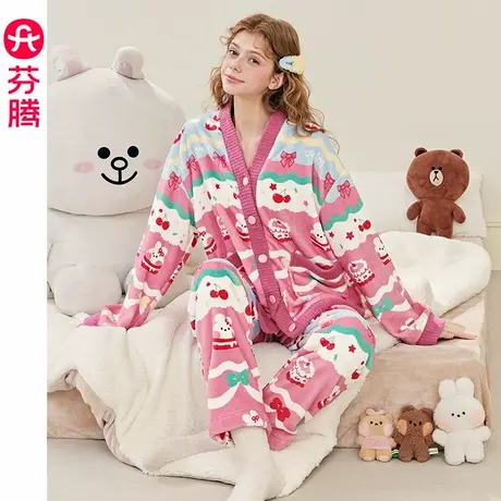 芬腾珊瑚绒女士睡衣秋冬季保暖可爱布朗熊女款加厚大码家居服套装商品大图