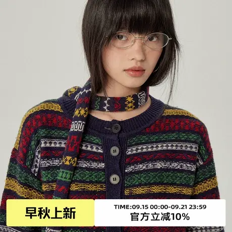omont蛋挞家 费尔岛提花针织开衫春秋季新款复古围巾领条纹毛衣商品大图