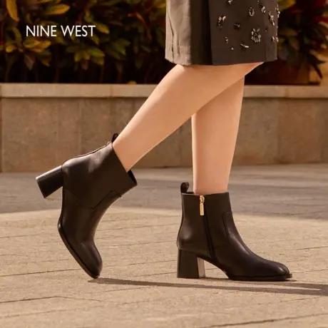 Nine West/玖熙粗跟短靴女秋冬新款真皮时装靴黑色显瘦马丁靴图片