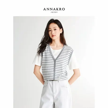 玖姿安娜蔻休闲减龄时尚圆领短袖套头假两件毛衫女2026春季新款图片