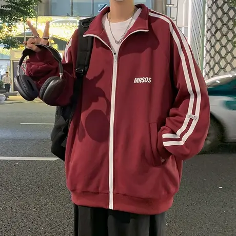 国潮宽松秋冬季新款休闲卫衣男ins潮流拉链开衫条纹夹克港风外套商品大图