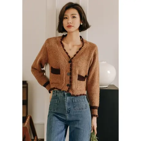 弥古小香风短款杂色毛衣开衫女2022新款秋冬v领针织衫外套上衣图片