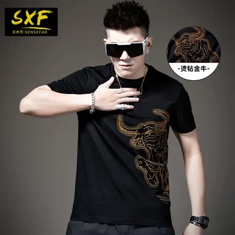 SXF圣希梵新款男士短袖t恤 潮流金牛烫钻体恤 修身上衣2023夏装男商品大图