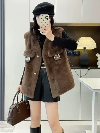 小香风马甲女短款秋冬新款V领高品质仿水貂绒皮毛一体坎肩马夹潮商品大图