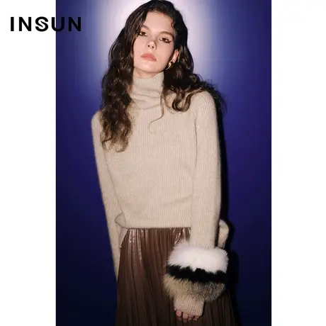 【官方直播】恩裳COVER潮流袖口可拆卸皮草高领粗针保暖毛织衫女商品大图