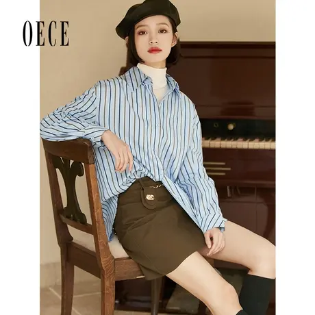 【买1送1】Oece复古条纹衬衫2022秋冬新款设计感气质衬衣宽松上衣商品大图