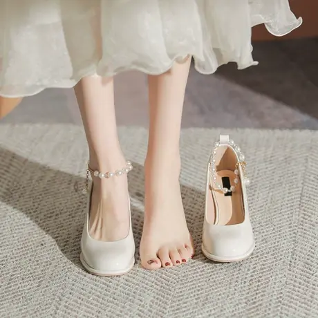 真皮玛丽珍女鞋2023年春季新款高跟仙女法式中跟粗跟晚晚风单鞋女商品大图