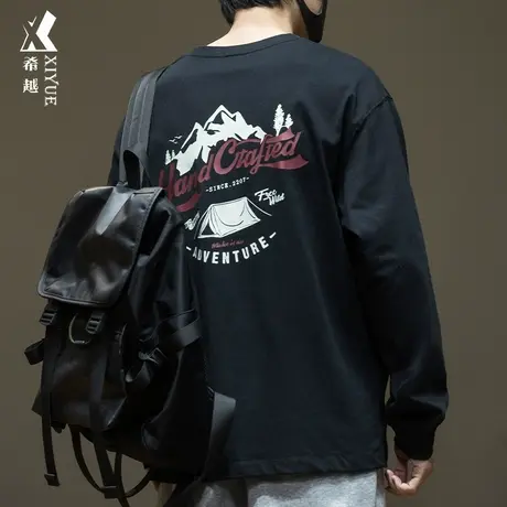 希越260g重磅精梳棉长袖T恤男士秋冬潮牌宽松大码印花套头打底衫商品大图