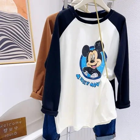 韩代款长袖T恤秋冬双面德绒拼色打底衫软糯奶系上衣胖MM大码保暖图片