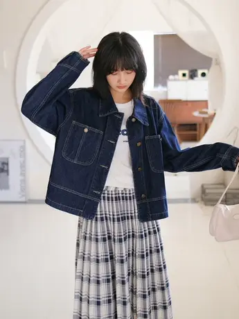 深蓝色牛仔外套女宽松春秋百搭设计感小众夹克小个子短款上衣时尚图片