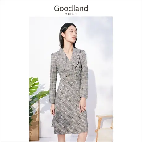 Goodland美地女装冬季长袖收腰气质通勤西装格子连衣裙图片