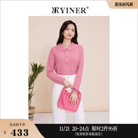 YINER音儿线上专选女装2023春季时尚百搭娃娃领针织衫套头上衣商品大图