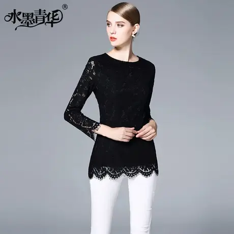 【1件7.9折】冬装新款气质修身长袖上衣简约圆领百搭镂空蕾丝衫商品大图