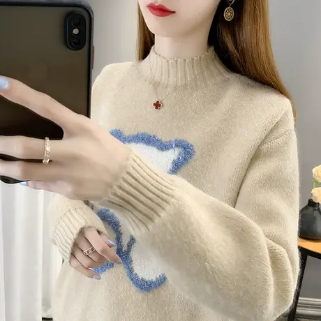 2023春装新款韩版宽松半高领纯色长袖小熊针织衫毛衣卡通套头上衣商品大图
