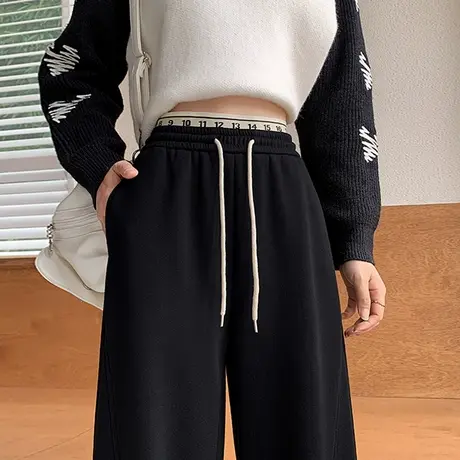 黑色加绒运动窄版阔腿裤女2023冬季新款高腰休闲宽松直筒运动裤子商品大图