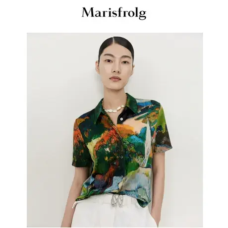 玛丝菲尔夏季桑蚕丝混纺艺术油画印花文艺新款短袖衬衫女商品大图