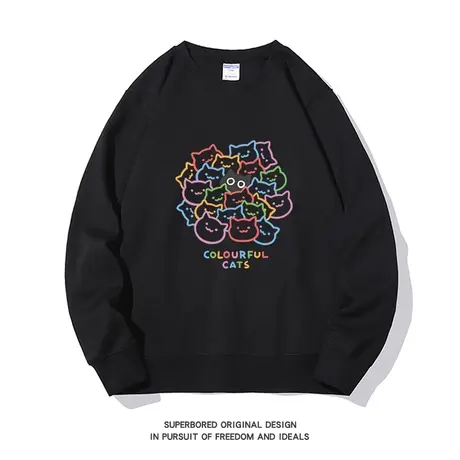 趣味卡通印花五颜六色的猫卫衣男女款秋冬新款宽松圆领套头上衣商品大图