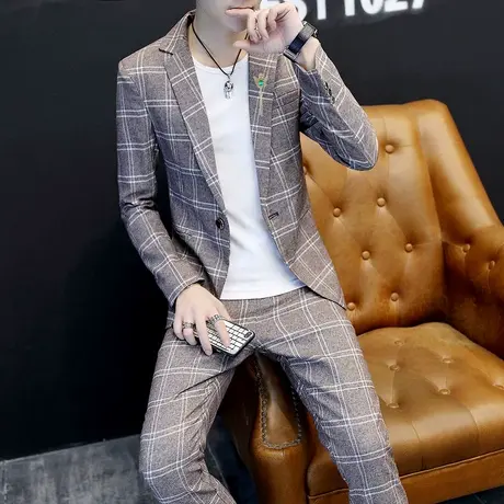 冬季加绒加厚西服套装男士英伦格子休闲小西装发型师潮流帅气礼服商品大图
