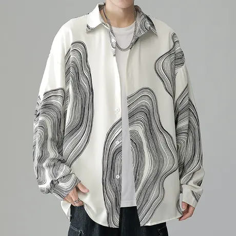 长袖衬衫男春秋季港风大码宽松痞帅衬衣潮牌水墨印花设计感薄外套商品大图