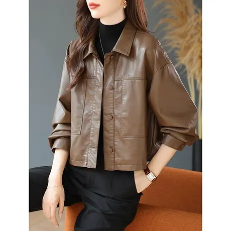 宝诗黎皮衣外套女短款秋季2023新款翻领气质机车皮夹克开衫上衣潮商品大图