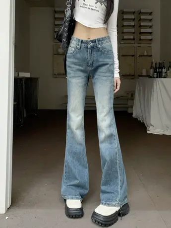 秋冬美式复古微喇叭牛仔裤女长裤高腰显瘦辣妹设计感阔脚马蹄裤子商品大图