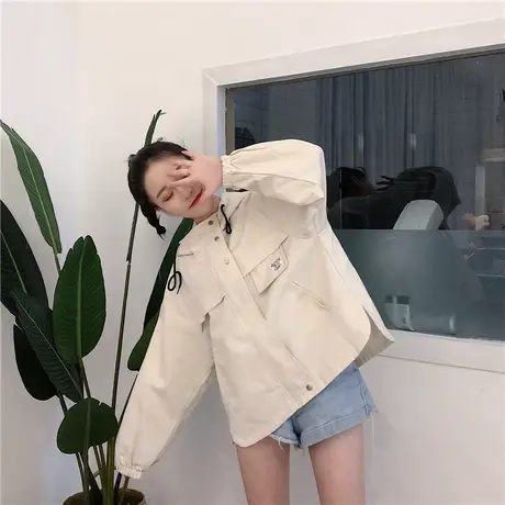 港风外套女春秋新款韩版学生bf原宿风宽松百搭连帽工装夹克棒球服图片