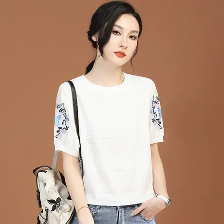 韩潮袭人圆领刺绣短袖白色蕾丝雪纺衫女2024夏季新款洋气小衫t恤图片