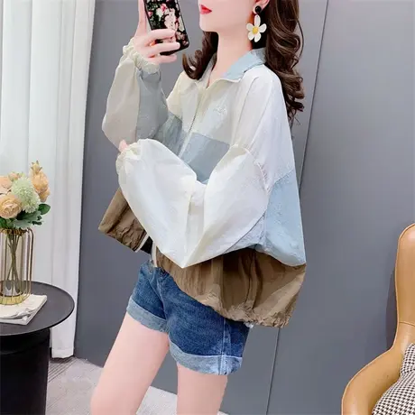 短款小个子拼色防晒衣外套女夏季2023年新款宽松洋气休闲立领上衣图片