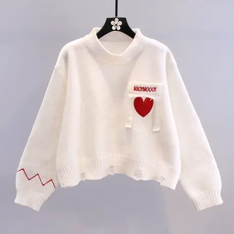 日系甜美爱心刺绣毛衣女秋冬2023新款宽松慵懒风百搭短款针织上衣图片