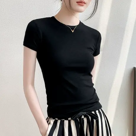 短袖打底衫女2025春秋新款修身显瘦圆领纯色上衣莫代尔半袖T恤薄商品大图