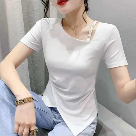 不规则开叉上衣女短袖2024夏季新款设计感网红T恤ins纯色气质小衫商品大图
