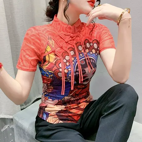 复古高级感上衣女短袖2024夏季新款国风改良网纱T恤时尚盘扣小衫商品大图