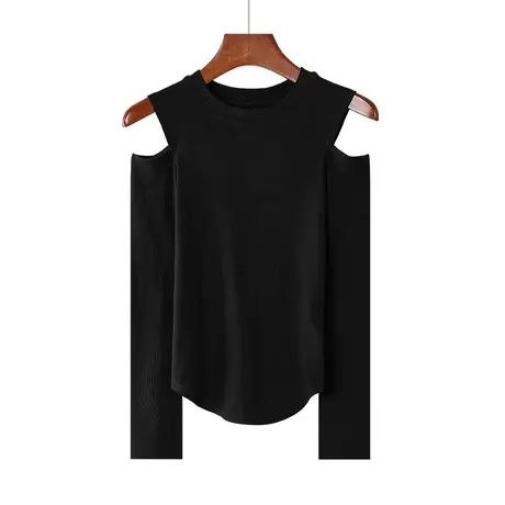 春秋季韩圆领露肩修身纯色磨毛纯欲燕尾摆长袖体恤上衣女打底衫T商品大图