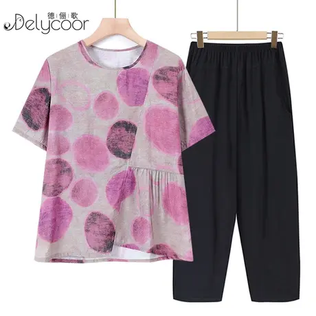 妈妈夏装新款中老年大码女装棉绸T恤衫奶奶套装短袖上衣老人衣服图片