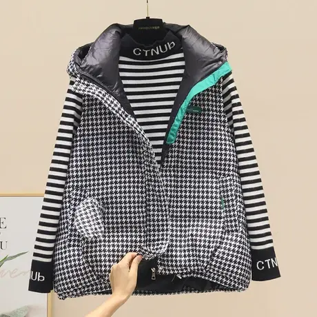 千鸟格羽绒棉马甲女连帽外穿洋气背心2023秋冬季新款印花时尚坎肩商品大图