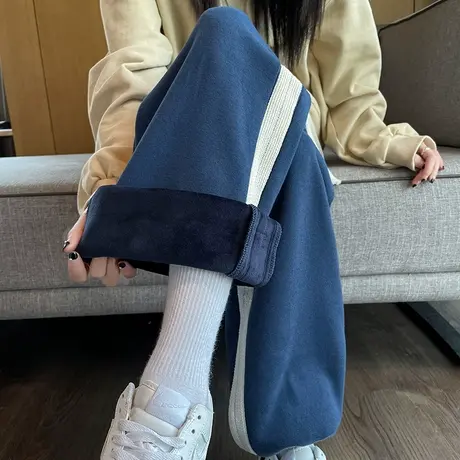 阔腿运动裤女秋冬季宽松休闲束脚小个子高腰显瘦直筒加绒加厚卫裤商品大图