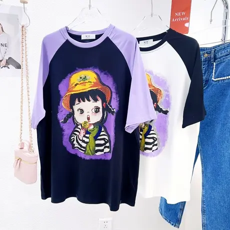 欧货宽松大版上衣2023春夏新款韩版洋气撞色短袖T恤遮肚子中长款图片