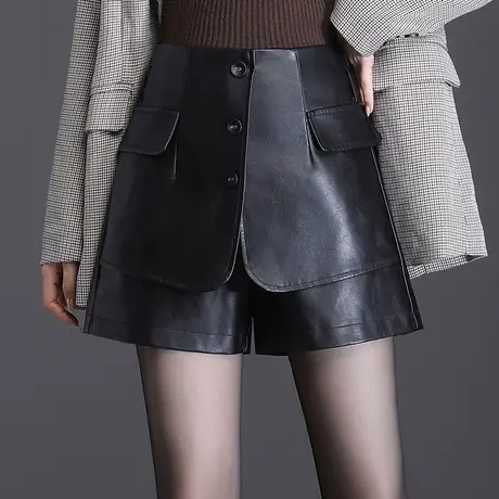韩版短裙裤女高腰显瘦a字型短裤2023春秋新款PU皮短裤前裙后裤潮商品大图