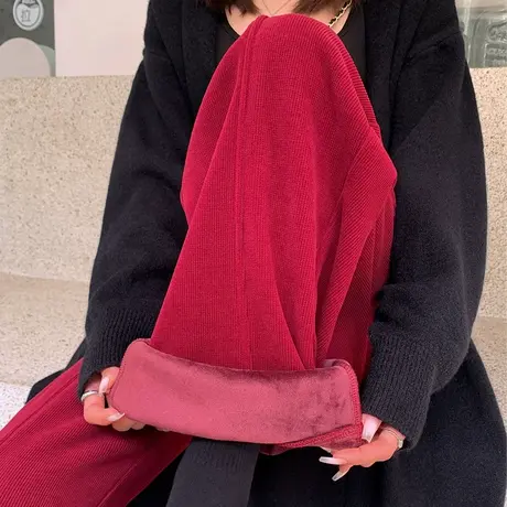 红色灯芯绒裤子女秋冬季加厚加绒棉裤休闲裤运动阔腿裤弯刀条绒裤商品大图