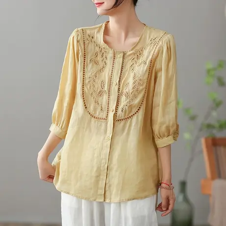 dza 复古苎麻女士衬衫2023夏季宽松镂空衬衣气质漂亮棉麻开衫上衣商品大图