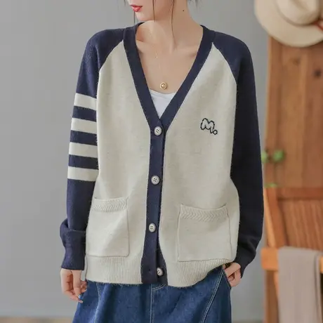 dza复古短款拼接撞色毛衣外套女春秋宽松V领针织开衫休闲长袖上衣图片