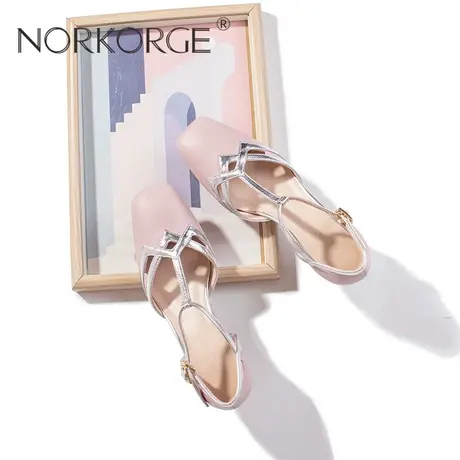 2023新款夏复古仙女风温柔紫粉色凉鞋女真皮圆头罗马鞋粗跟高跟鞋商品大图