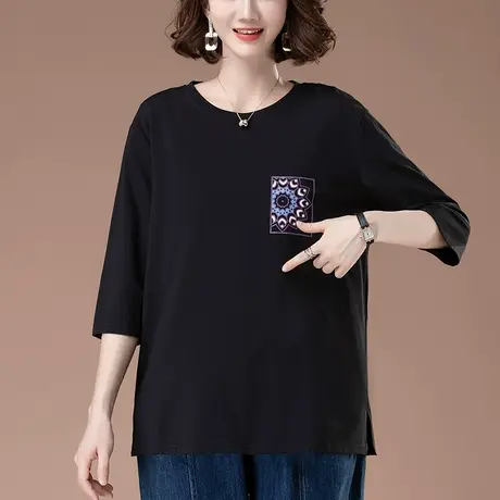 七分袖T恤女春秋加肥加大码女装中年妈妈纯棉休闲遮肚半袖打底衫商品大图