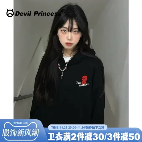 小众ins潮牌甜酷街头风黑色连帽卫衣女大版宽松超火小个子上衣薄商品大图