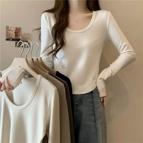 弧形下摆长袖T恤女秋冬加绒加厚修身显瘦德绒内搭打底衫短款上衣商品大图