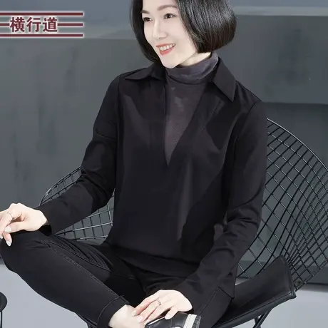 2025新款春装假两件高领宽松中年妈妈长袖T恤女纯色撞色大码上衣商品大图