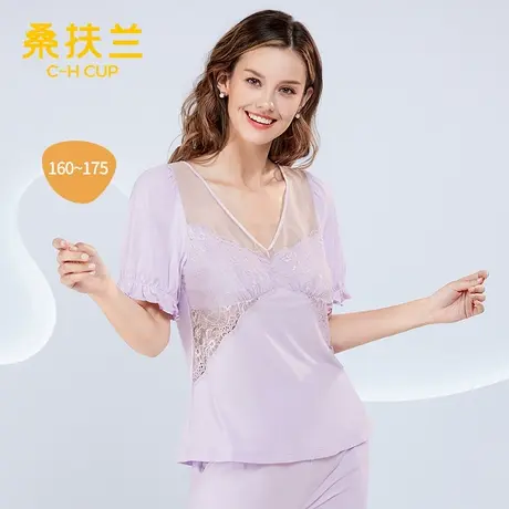 桑扶兰睡衣法式花苞袖收腰直筒长裤蕾丝网纱拼接两件套装家居服图片