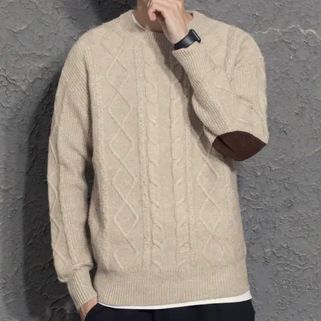 麂皮补丁小众设计感撞色宽松韩版打底衫慵懒极简风毛衣男潮流麻花图片