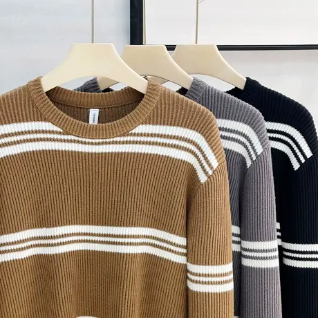 厚实秋季新款条纹针织衫圆领毛衣男潮流宽松休闲慵懒风毛衫打底衫图片